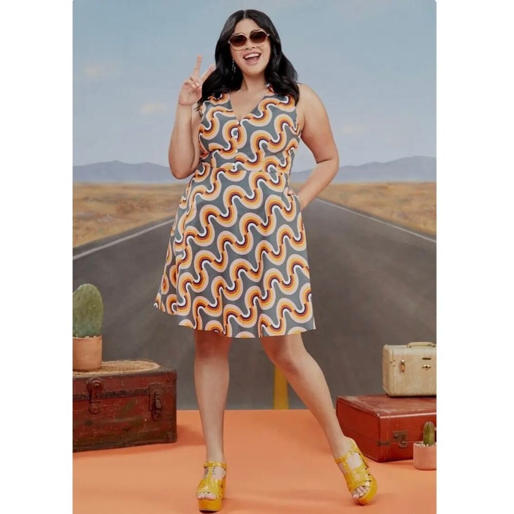 ModCloth Retro Rainbow Print Cotton Dress 60s Mod Pockets Plus Size 22